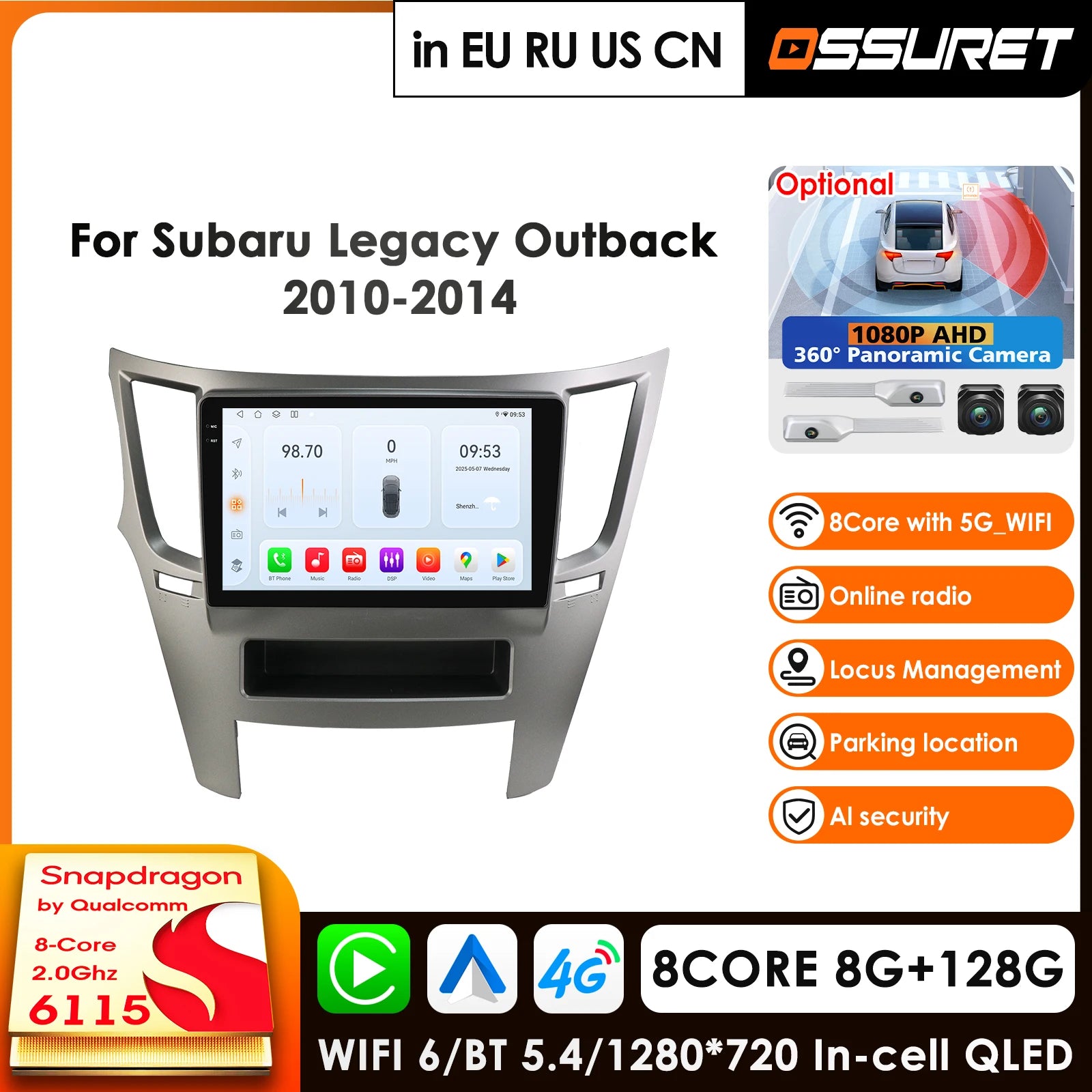 9" Car Radio GPS Android 14 Carplay 4G 2 Din for Subaru Legacy Outback 2010-2014 - Multimedia 6115 Audio 360° Camera Nav