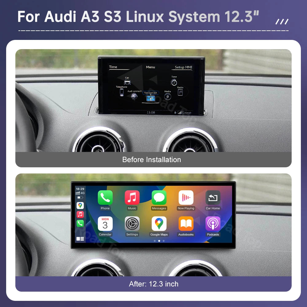 Road Top 12.3" Linux Screen For Audi A3 S3 2014-2019 with Wireless CarPlay Android Auto Ai