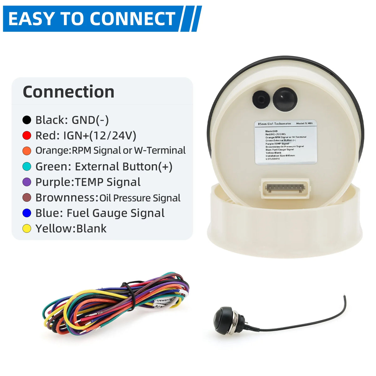Universal 85MM 6 In 1 Gauge Multi-Function Tachometer Tach Fuel Gauge Water Temp Oil Pressure Vo - Automotive LED Light