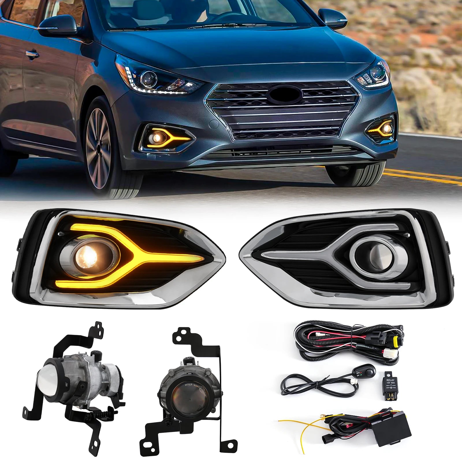 LED DRL Fog Lamps Turn Signal Set For Hyundai Accent 2018 2019 2020 Daytime Running Lights | AUTOKITSHOP