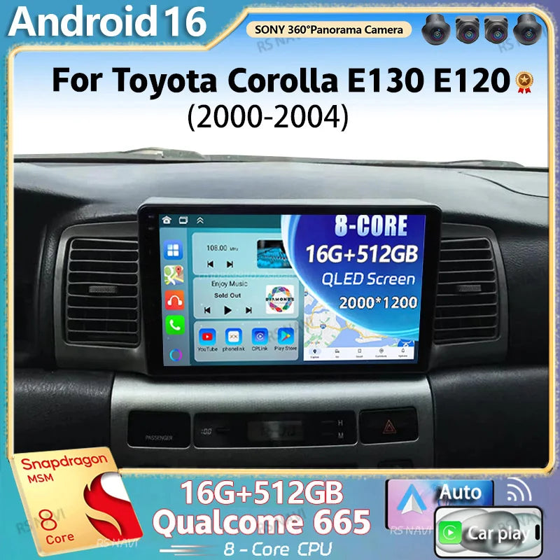 Qualcomm Android 16 For Toyota Corolla E130 E120 2000 -2004 2K QLED Android Car Radio Mult