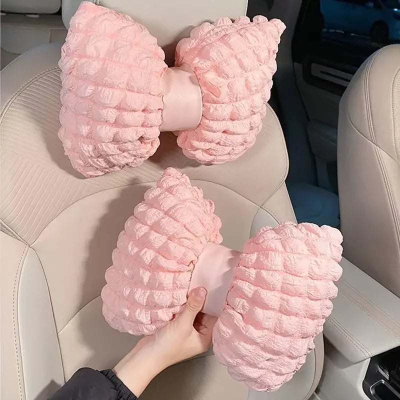 Cartoon Bowknot Neck Pillow Car Headrest Lumbar Support Soft Pink Car Waist Pillow Car Interior  - Automotive LED Light