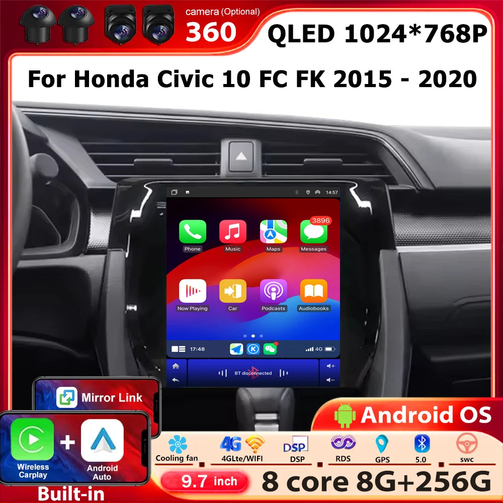 9.7 Inch For Honda Civic 10 FC FK 2015 - 2020 Android 16 Auto Car Radio Multimedia Video P