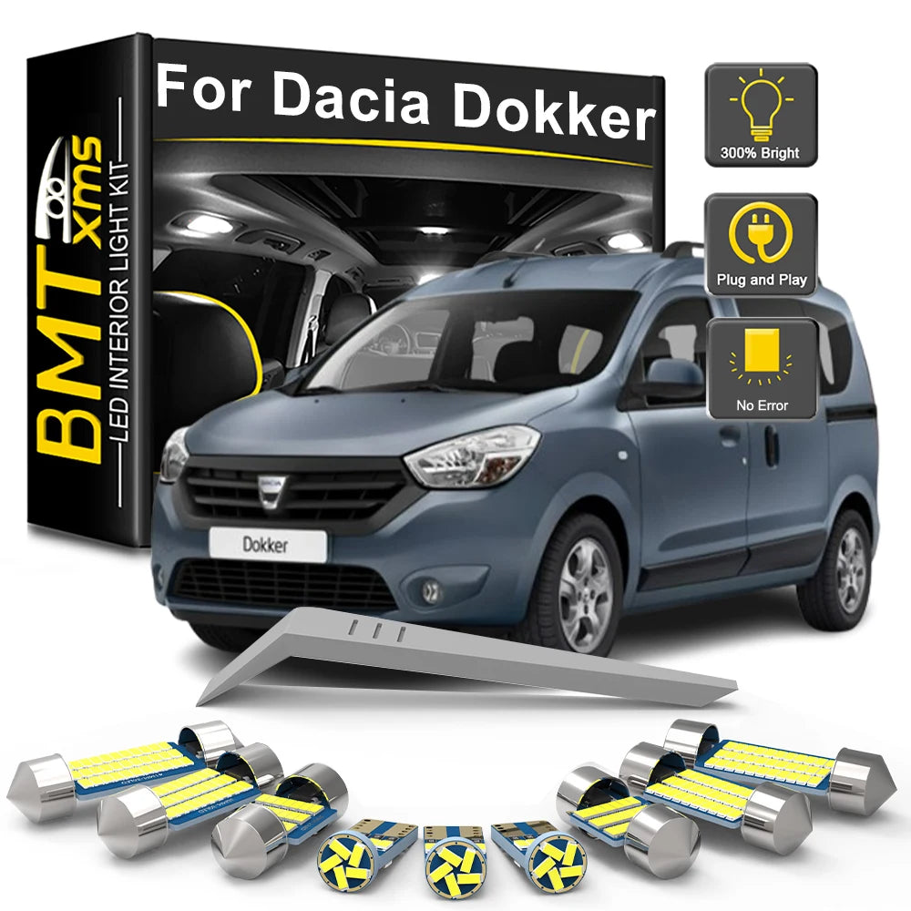 11-Piece LED Interior Light Kit for Dacia Dokker 2013-2017 - Canbus Dome Map Door Trunk Bulbs | AUTOKITSHOP