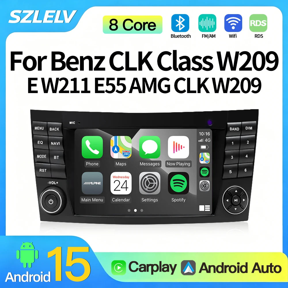 SZLELV For Mercedes Benz CLK Class W209 CLS W219 Android 15 Auto Audio Video Car Radio GPS