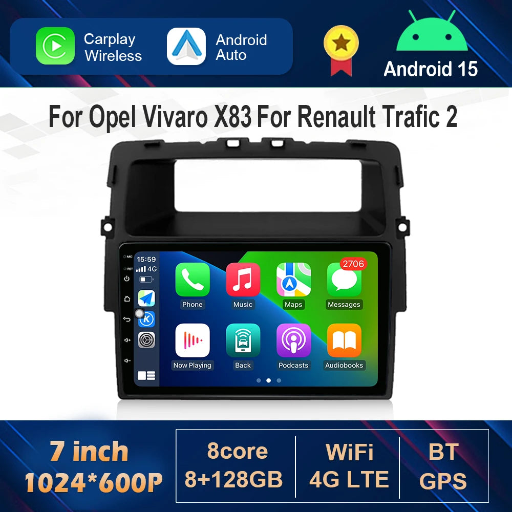 Wireless Carplay Android 15 For Opel Vivaro X83 For Renault Trafic 2 For Nissan Primastar