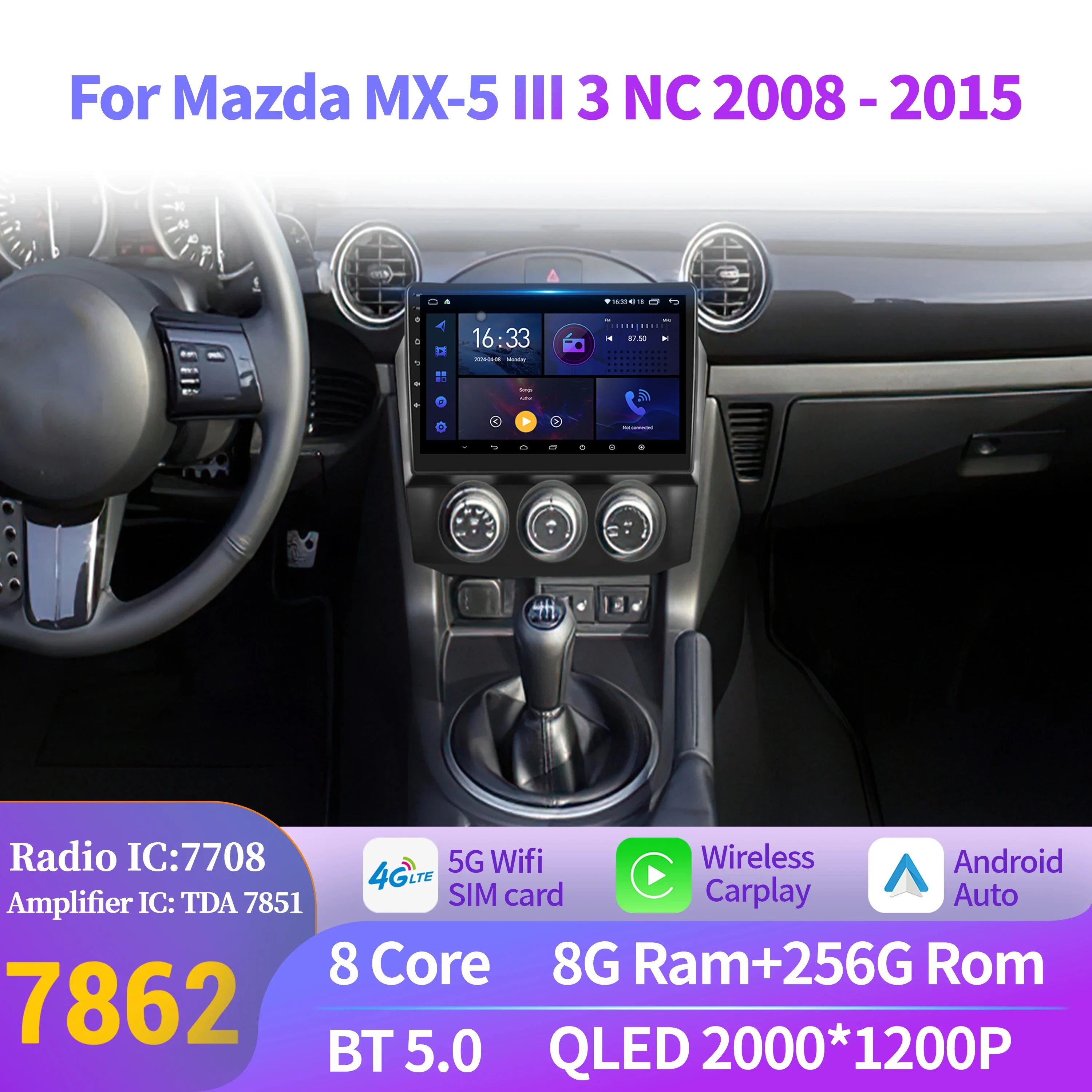 Android 14 Car Radio For Mazda MX-5 III 3 NC 2008-2015 Navigation Wireless BTCarplay Multi