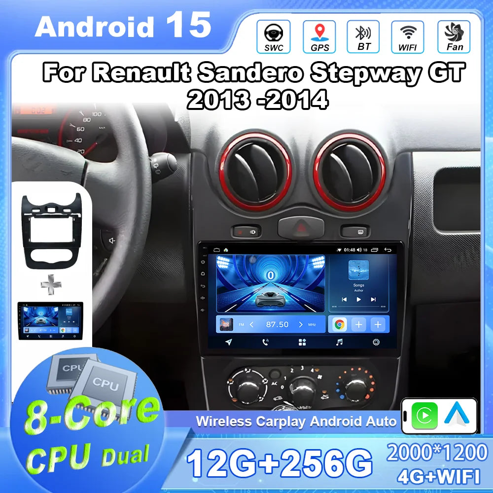 Android 14 Car Radio Stereo For Renault Sandero Stepway GT 2013-2014 Auto Player Multimedi