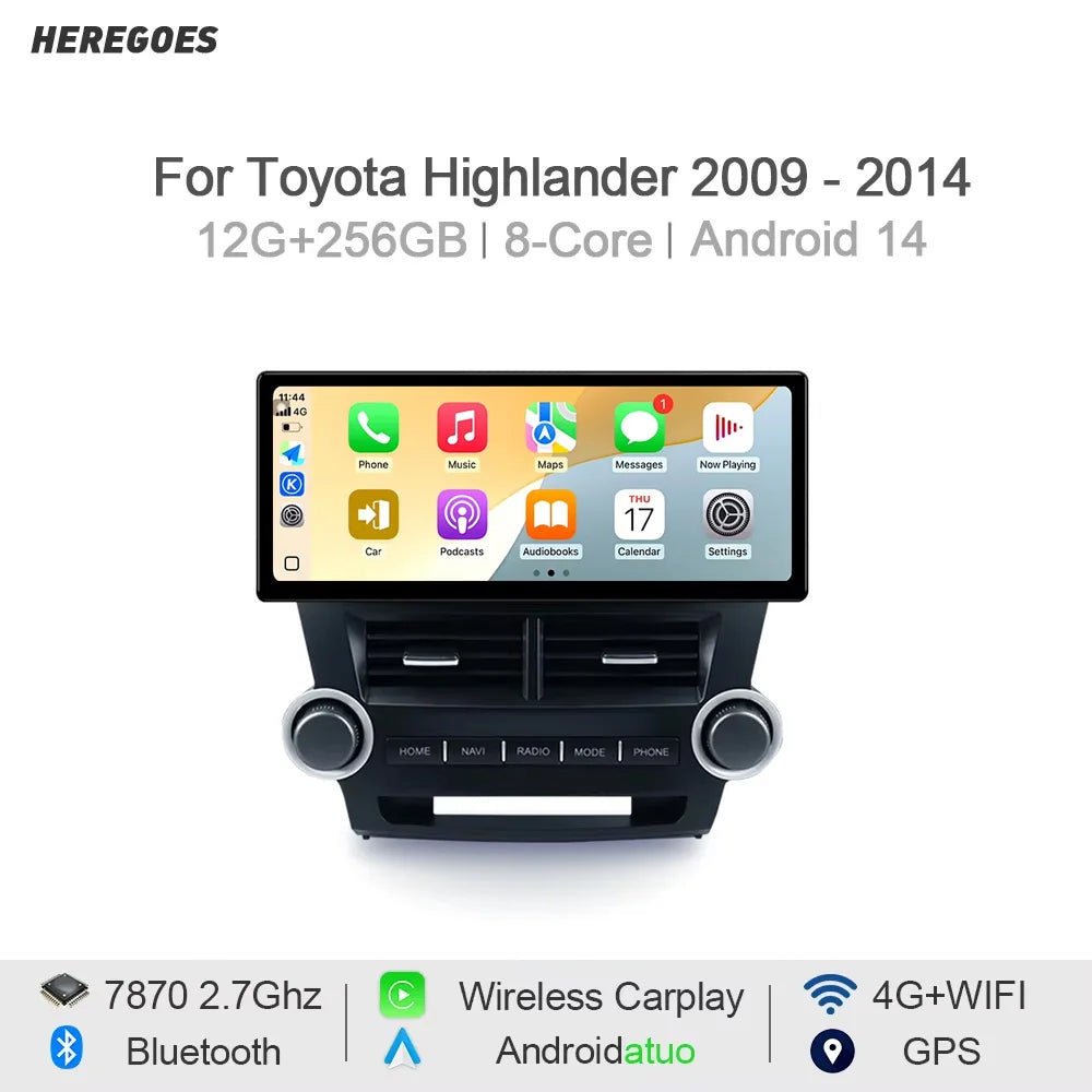 12.3" Car Radio GPS Navigation Android 14 CarPlay Auto Stereo WiFi Bluetooth 12+256GB for Toyota Highlander 2009-2014 -