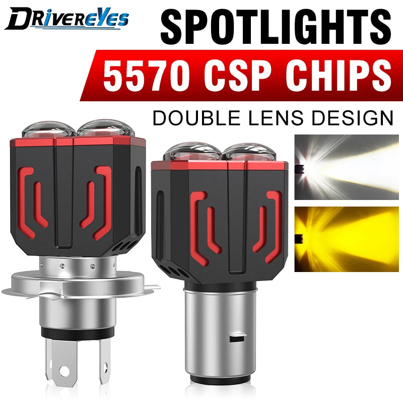 Motorcycle Headlight Dual Lens 16W 1200LM 12-80V H4 H6/BA20D Dual Color White Yellow Beam