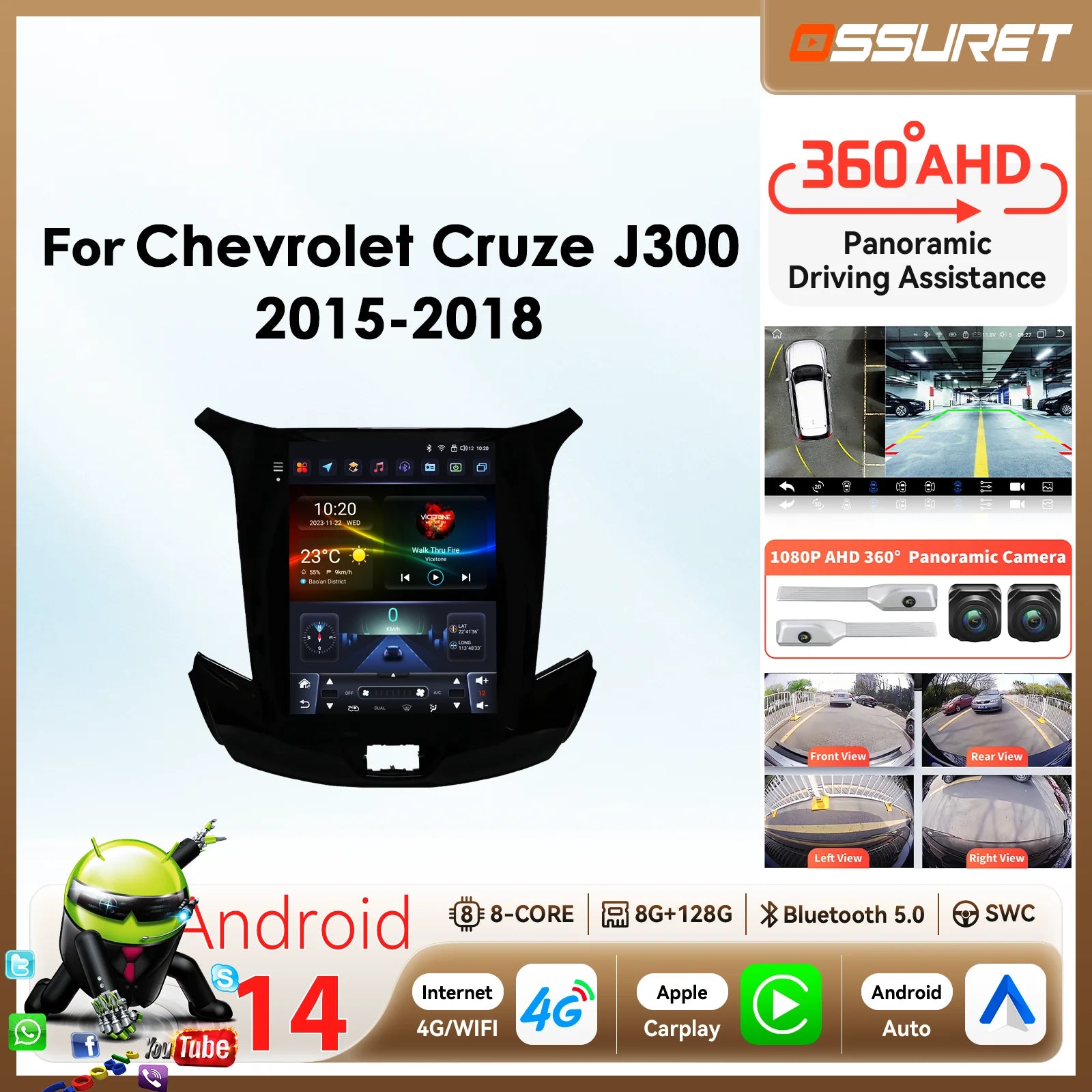 9.7"2din Carplay Android 14 Car radio for Chevrolet Cruze J300 2015-2018 360 Cam Autoradio