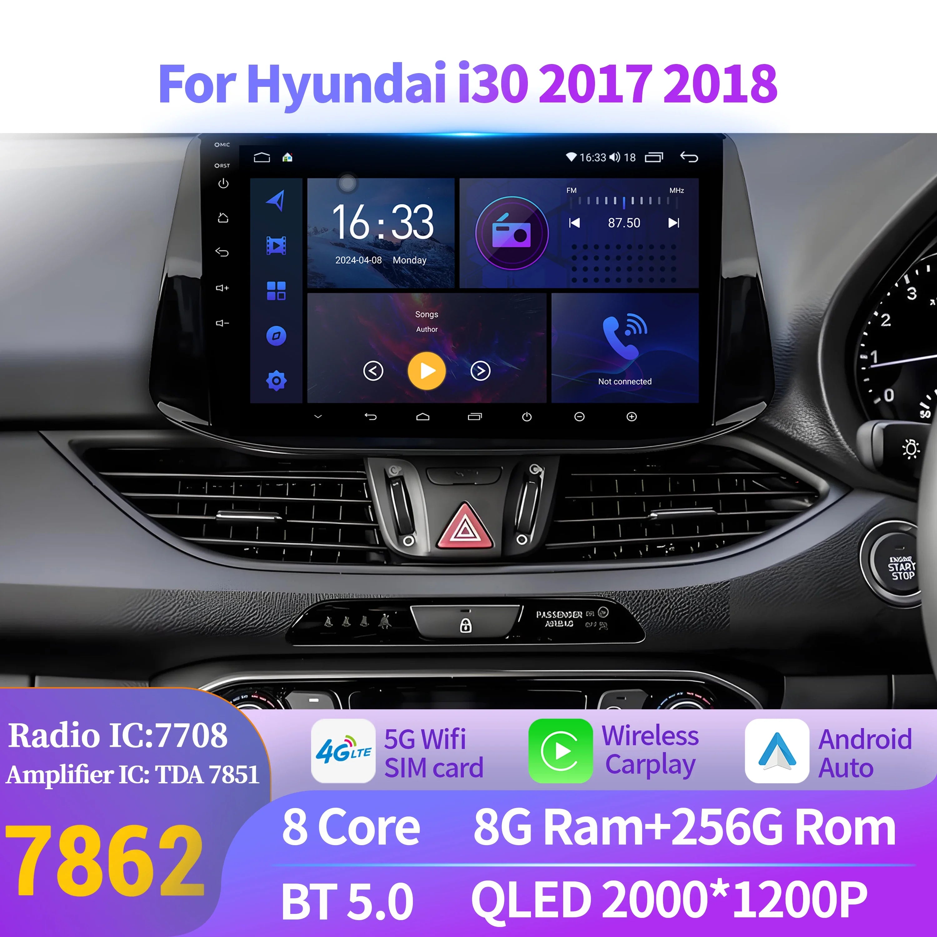 For Hyundai i30 2017 2018 Car Radio Multimedia Android 14 GPS Wireless BT CarPlay Navigati