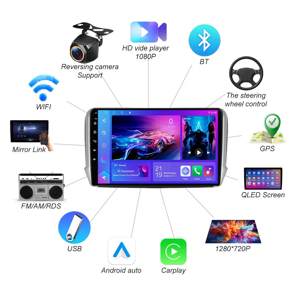 Android15 Car For Peugeot 208 2008 2012-2018 Multimedia Player Navigation Gps Carplay Qled | AUTOKITSHOP