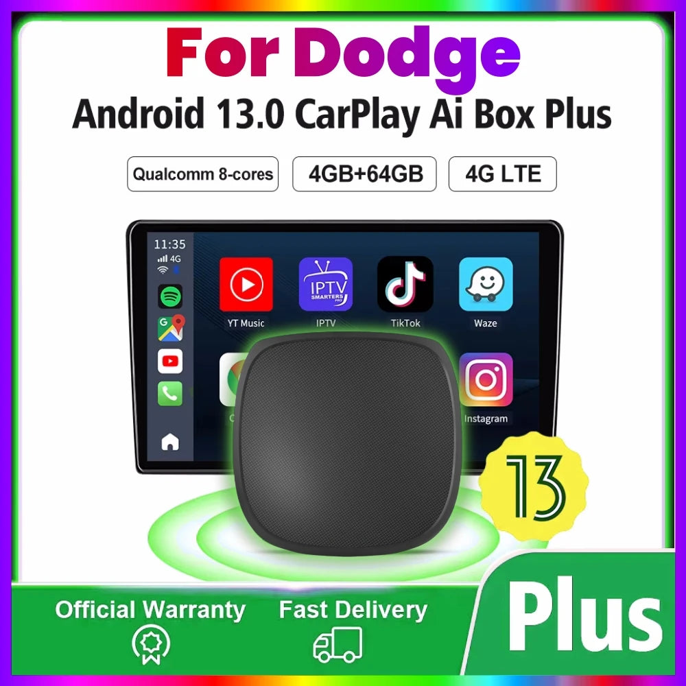 Android 13 CarPlay Ai Box 4G+64G 4GLTE Wireless Android Auto For YouTube Netflix For Dodge | AUTOKITSHOP