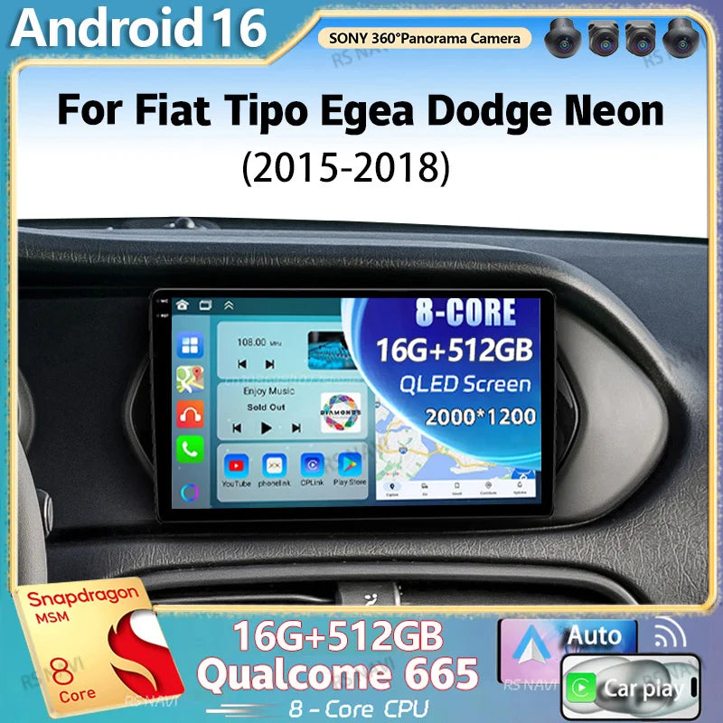 Android 16 For Fiat Tipo Egea Dodge Neon 2015-2018 2K QLED Stereo Car Radio Multimedia Vid
