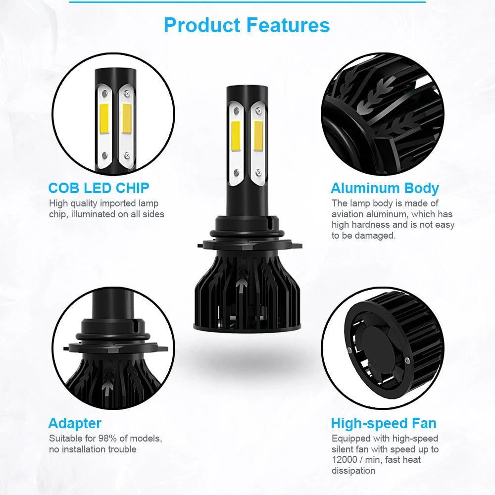 LED 4Side Chip Headlight 9012 HIR2 6000K Car Light with Cooling Fan For TOYOTA Corolla 201