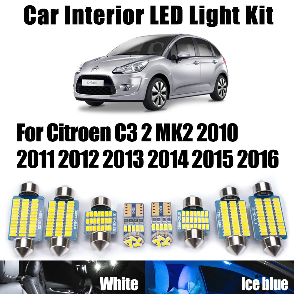 11-Piece LED Interior Light Kit for Citroen C3 2 MK2 2010-2013 - Canbus Dome Map Door Trunk Bulbs | AUTOKITSHOP