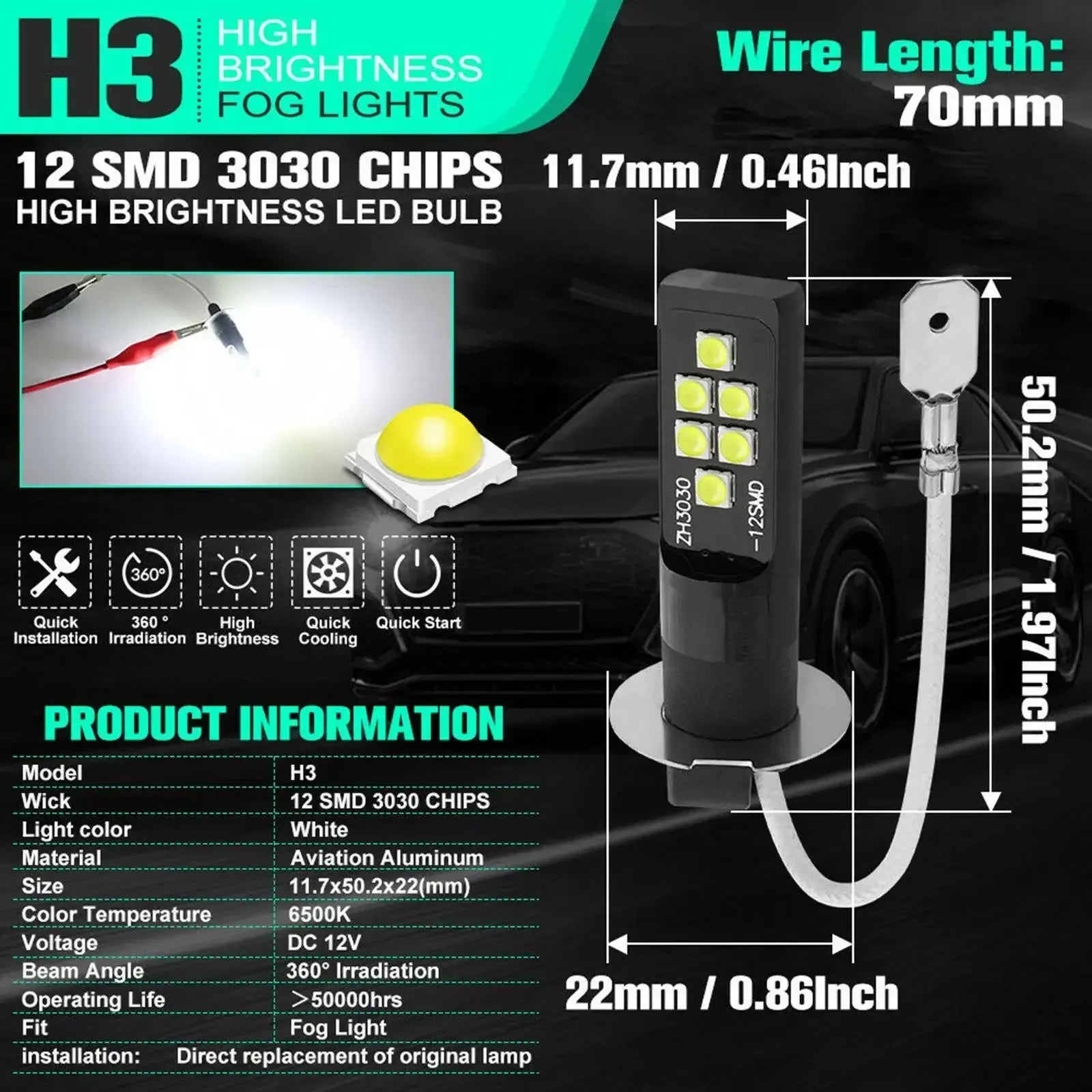 H3 Led Headlight H11 H8 H9 H10 H1 H7 H4 Car Fog Light Bulbs 9005 HB3 9006 Auto DRL Lamps H