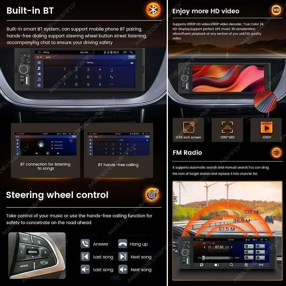 1DIN MP5 Universal Car Radio FM Support Wireless Carplay Android AUTO AUX USB SWC 6.86-Inc | AUTOKITSHOP