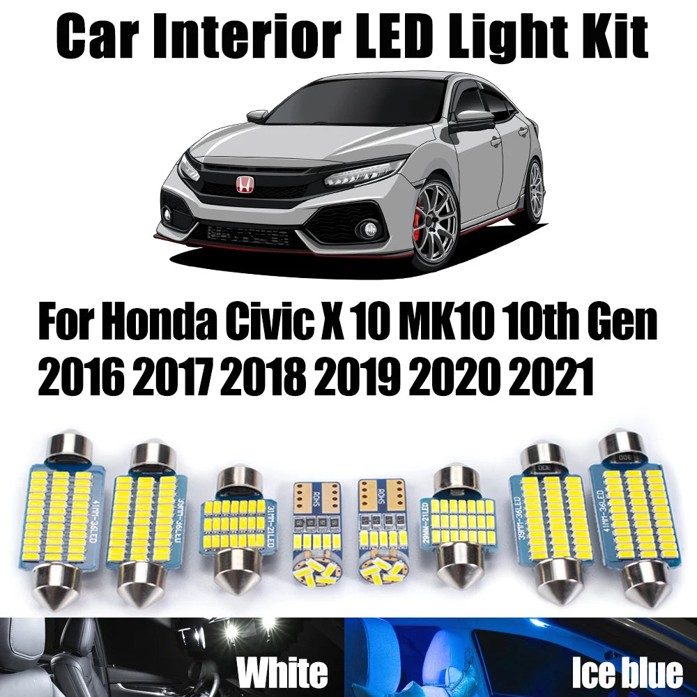 10-Piece LED Interior Light Kit for Honda Civic MK10 - Canbus Error-Free Interior Bulbs