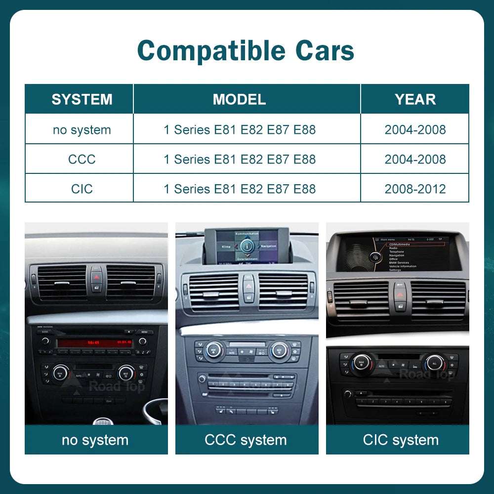 RoadTop 12.3'' Wireless CarPlay Android Auto For BMW Series 1 E81 E82 E87 E88 CCC CIC Syst
