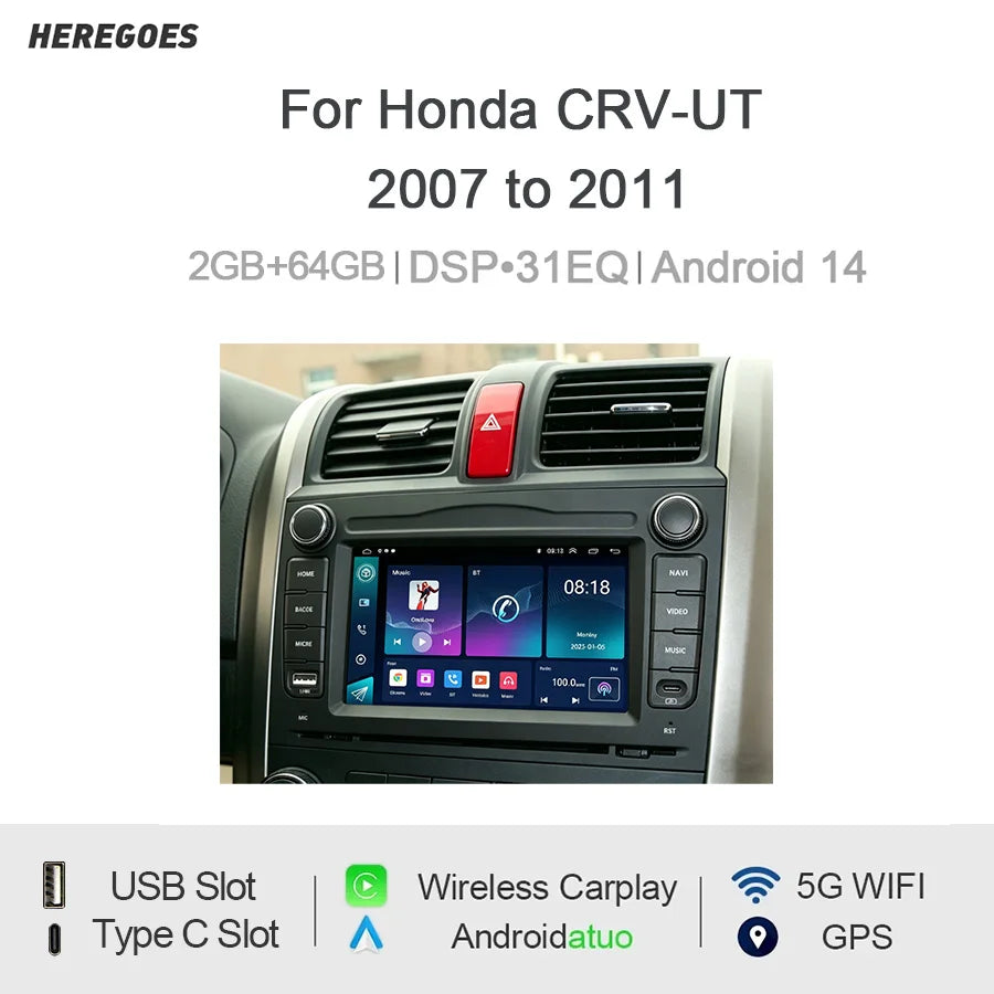 7" Android Car Radio GPS Type-C Wireless CarPlay Android Auto For Honda CRV-UT 2007-2011 - Bluetooth Steering Control