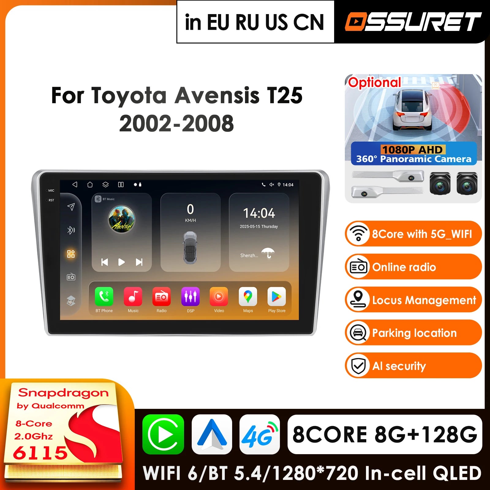 13.1" Car Radio GPS Android 14 AI System for Toyota Avensis T25 2002-2008 - Snapdragon 8Core 2.0GHz 360° Camera WiFi 4G