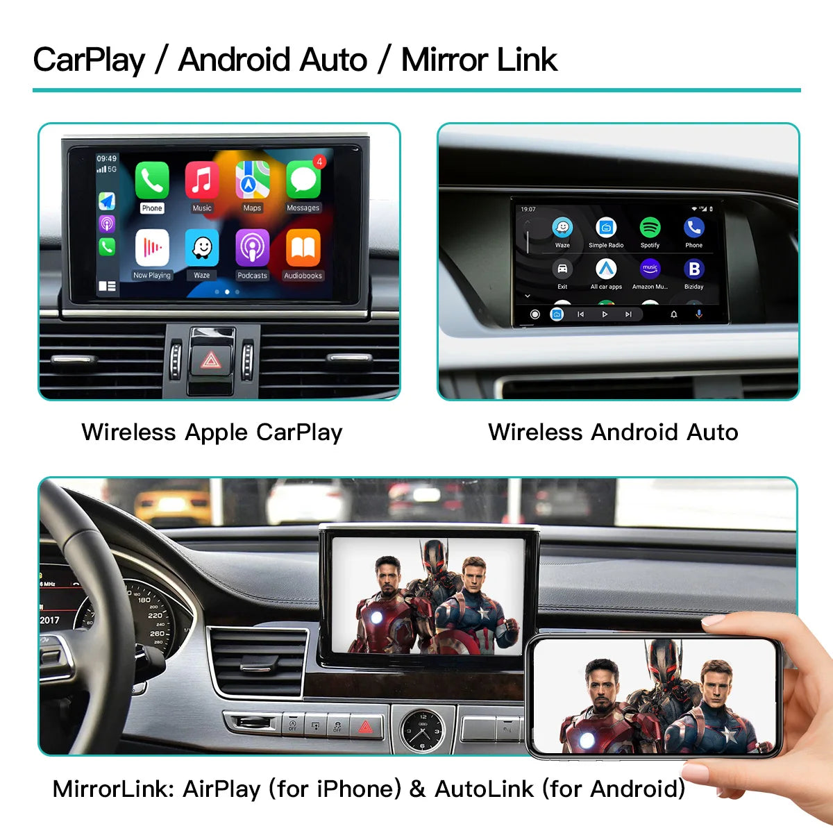 AUTOABC Wireless CarPlay Android Auto Interface for Audi A3 A4 A5 Q2 Q7 Q5L 8V with Mirror