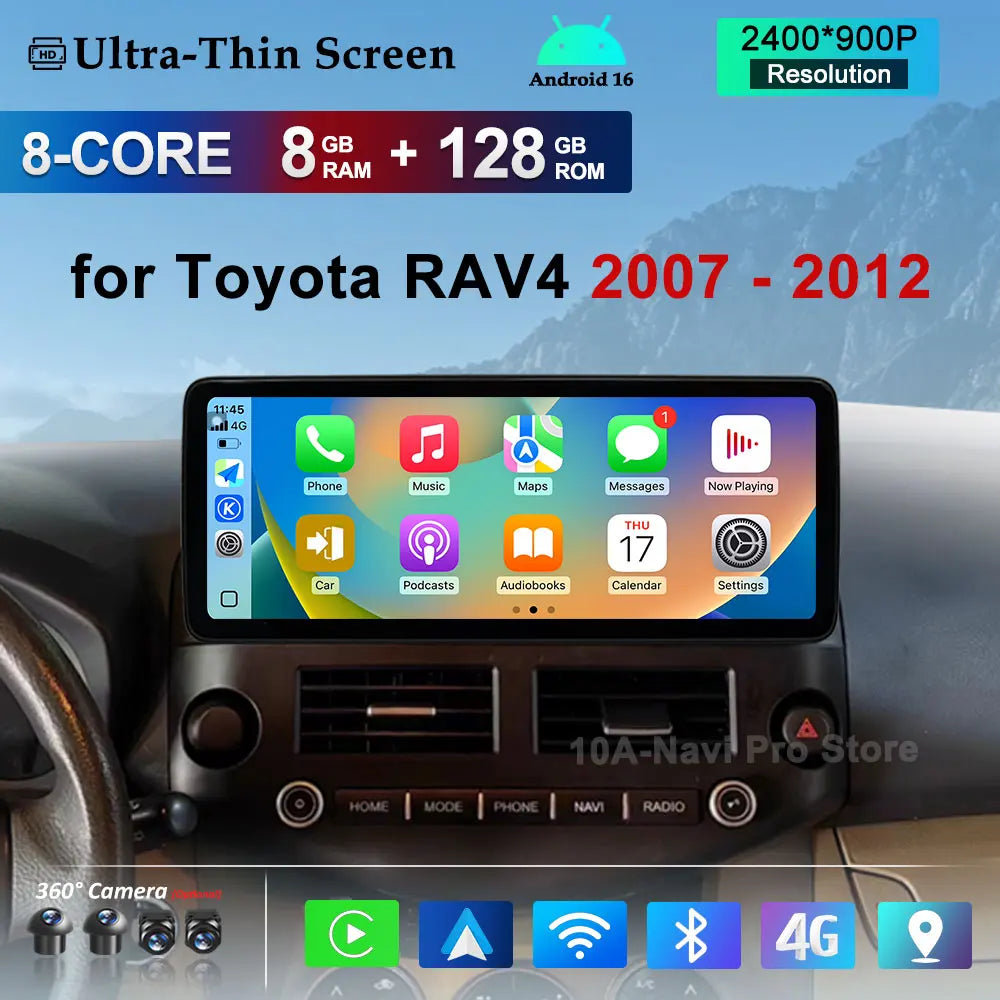 Android 16 Split Screen 4G Car Video Multimedia Player GPS Navigation WiFi 12.3 inch for T