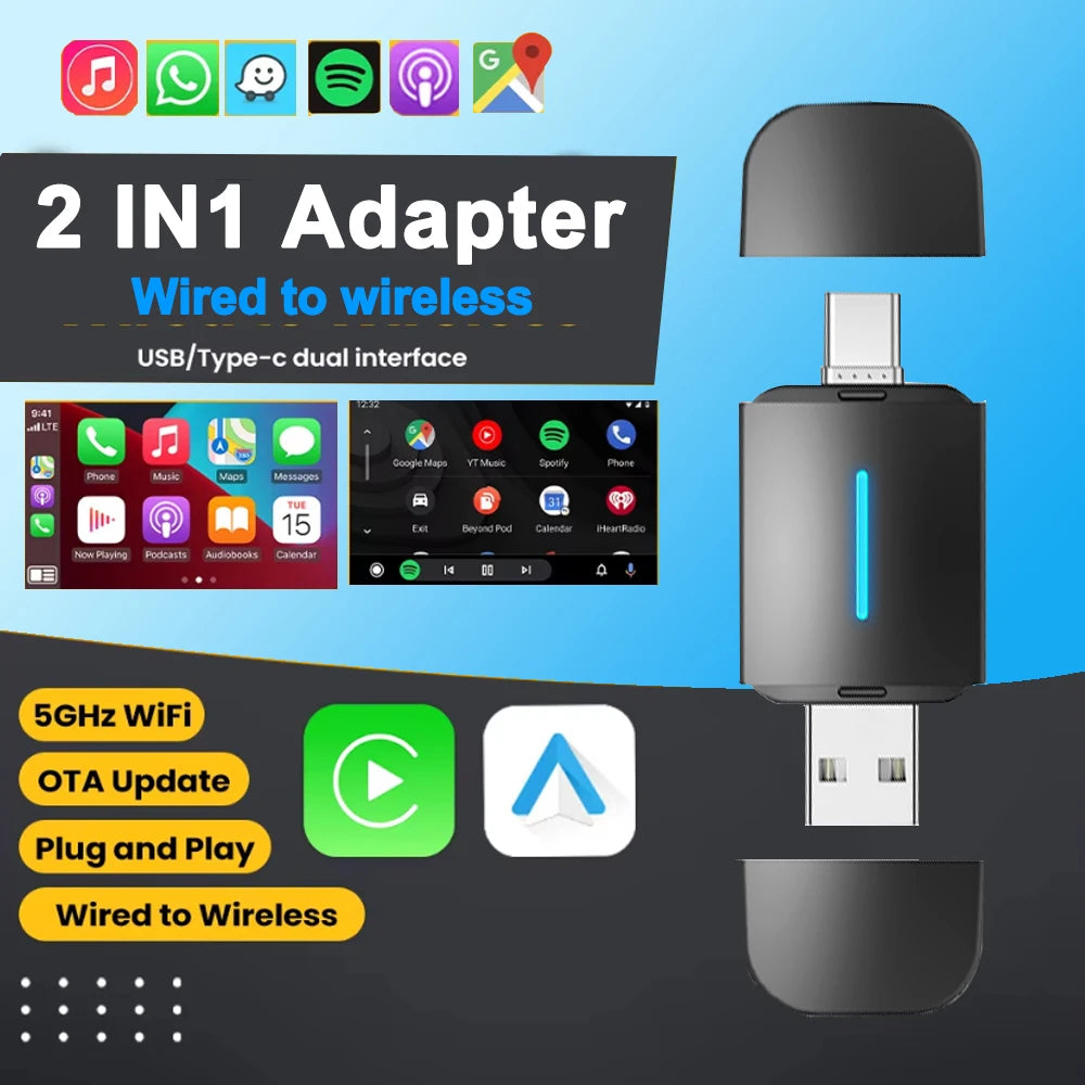 Dongle Android Auto Wireless Carplay USB Bluetooth Wifi Plug and Play Type-c Smart Box Plu