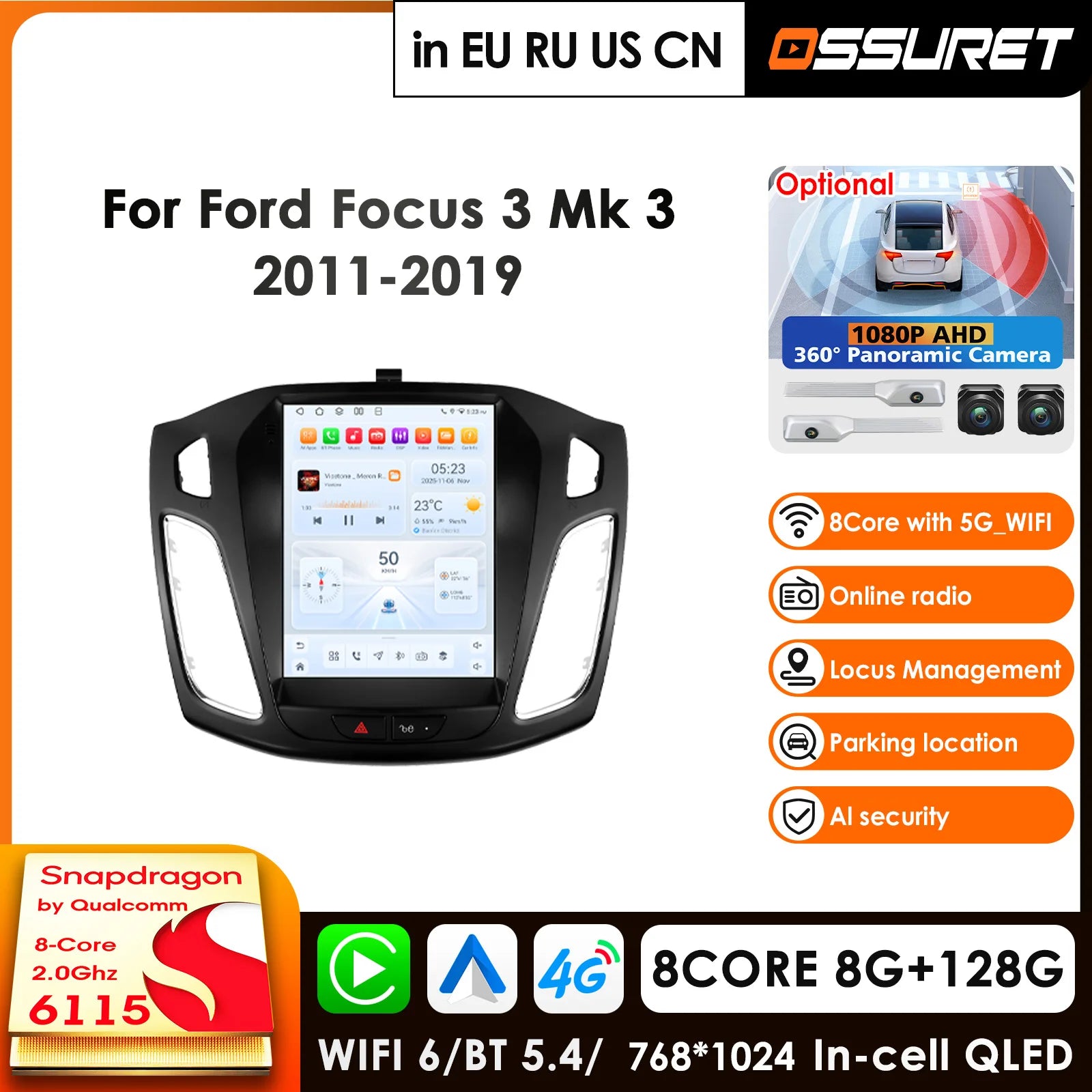 12.3" Car Radio GPS for Ford Focus MK3 2012-2017 - Wireless CarPlay Android Auto 360° Camera Multimedia Stereo