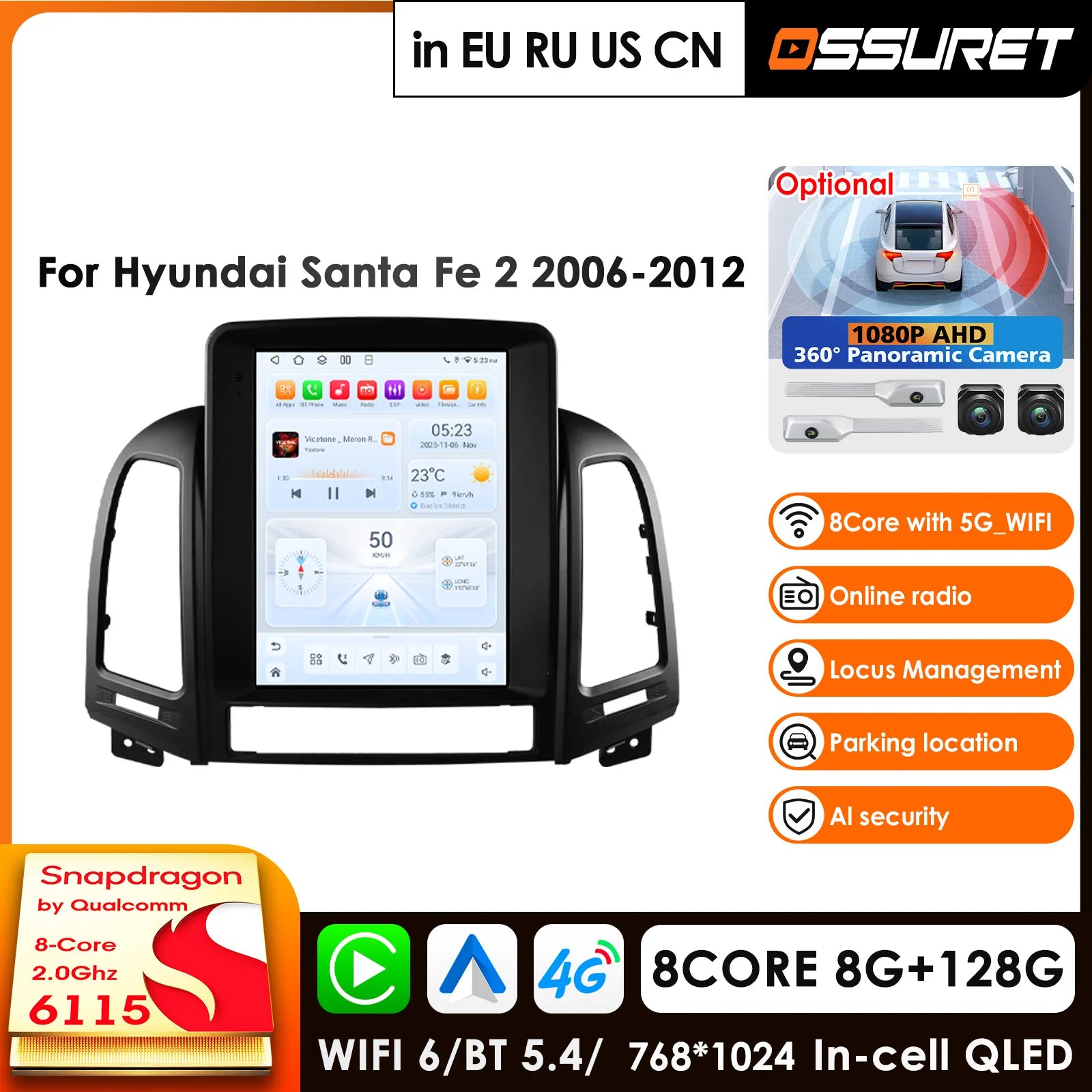 12.3" Car Radio GPS for Hyundai Santa Fe II CM 2006-2012 - Multimedia Player Stereo CarPlay 4G AI System