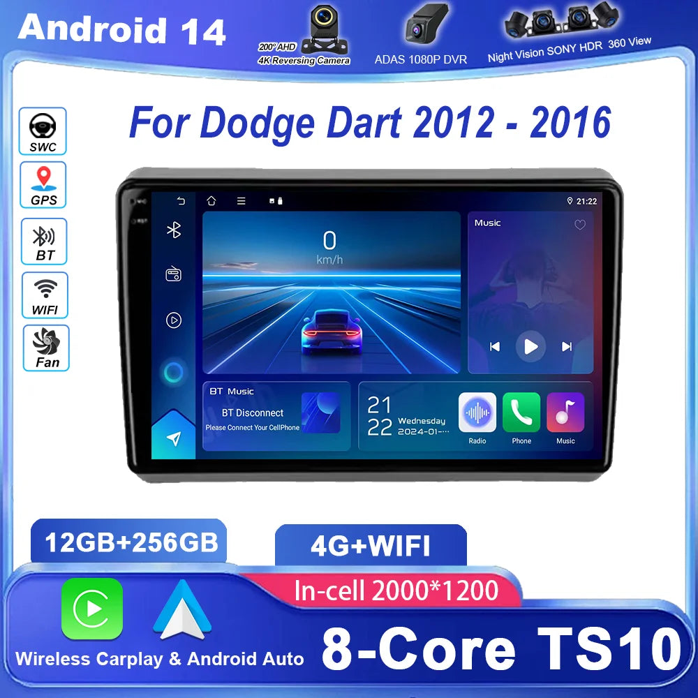 Android 14 Radio Stereo For Dodge Dart 2012 -2016 Auto Multimedia Video Player GPS Navigat