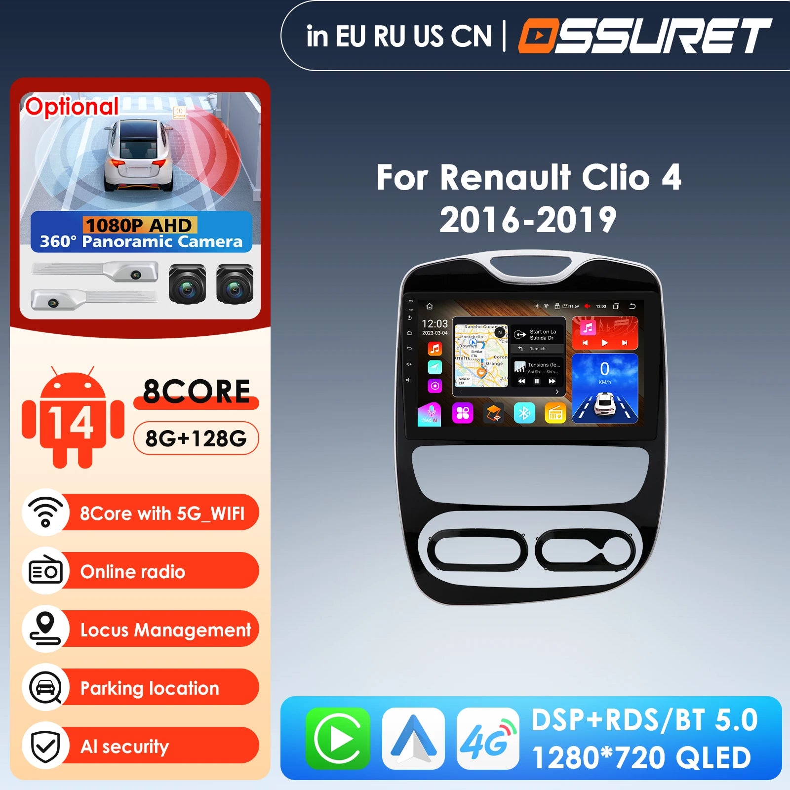 10.1" QLED 2din Android Car Radio GPS Navigation for Renault Clio 4 2016-2019 - Carplay Auto 4G LTE RDS AI