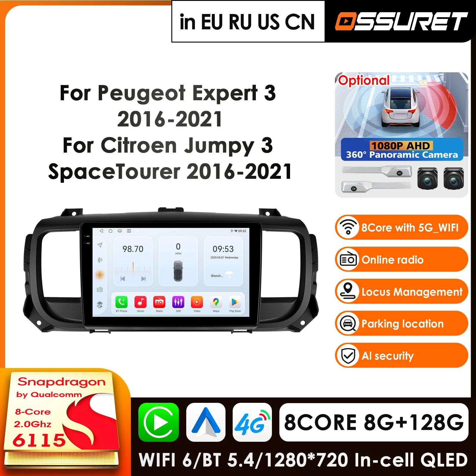 9" Carplay Android Car Radio for Peugeot Expert 3 Citroen Jumpy 3 SpaceTourer 2016-2021 - 4G AI 2din Multimedia Player