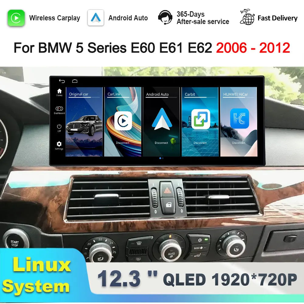 Linux System 12.3'' for BMW 5 Series E60 E61 E62 2006 CCC CLC Carplay Wired Android Auto C