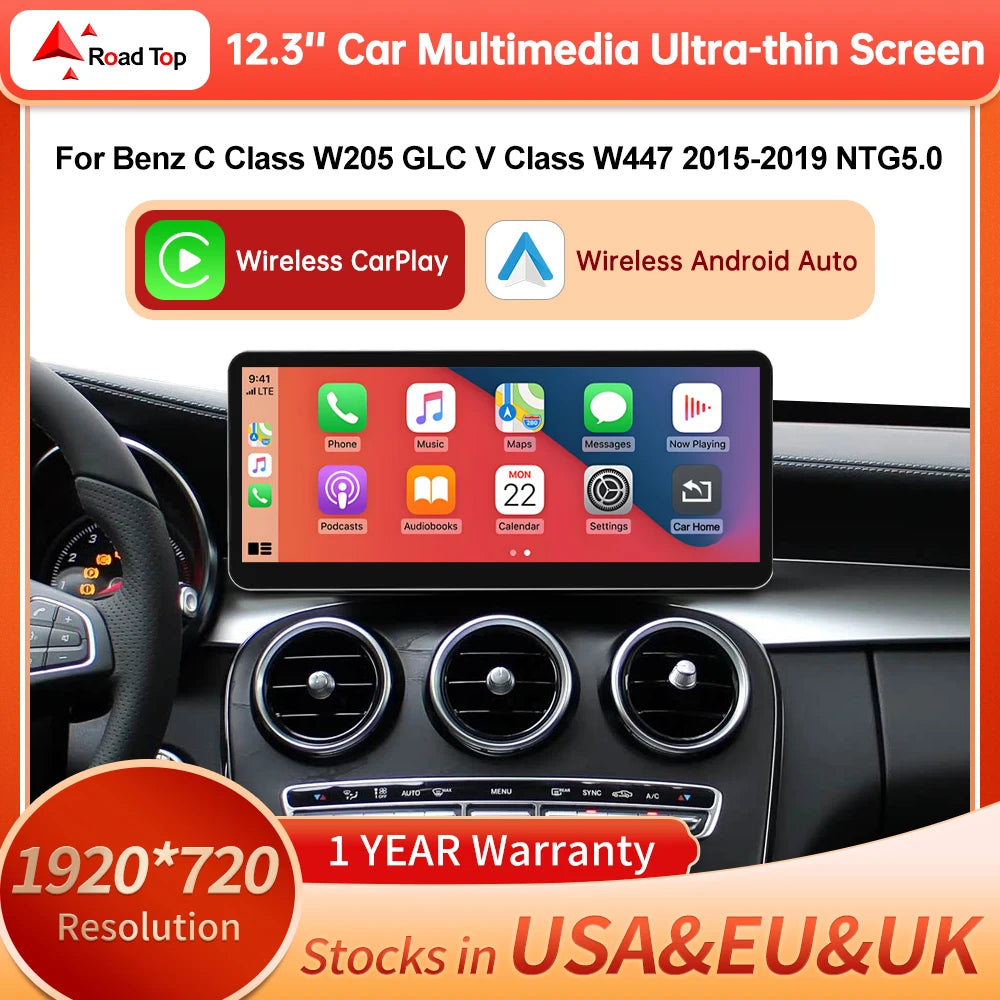 12.3'' Ultra-thin Multimedia Touch Screen For Mercedes-Benz C Class W205 GLC V Class W447  | AUTOKITSHOP
