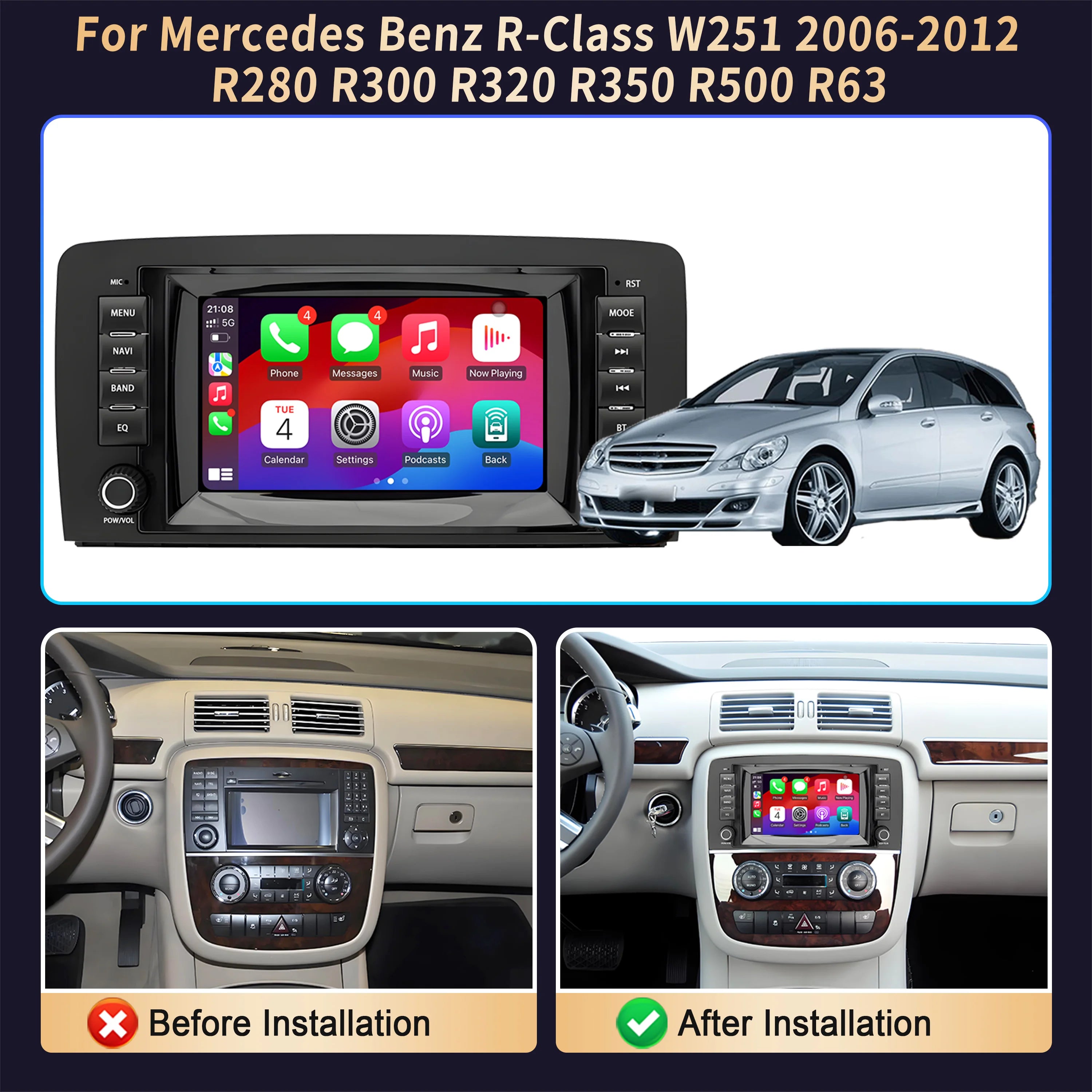 7 inch Android 14 Car Radio For Mercedes Benz R-Class W251 2006-2012 R280 R300 R320 R350 R