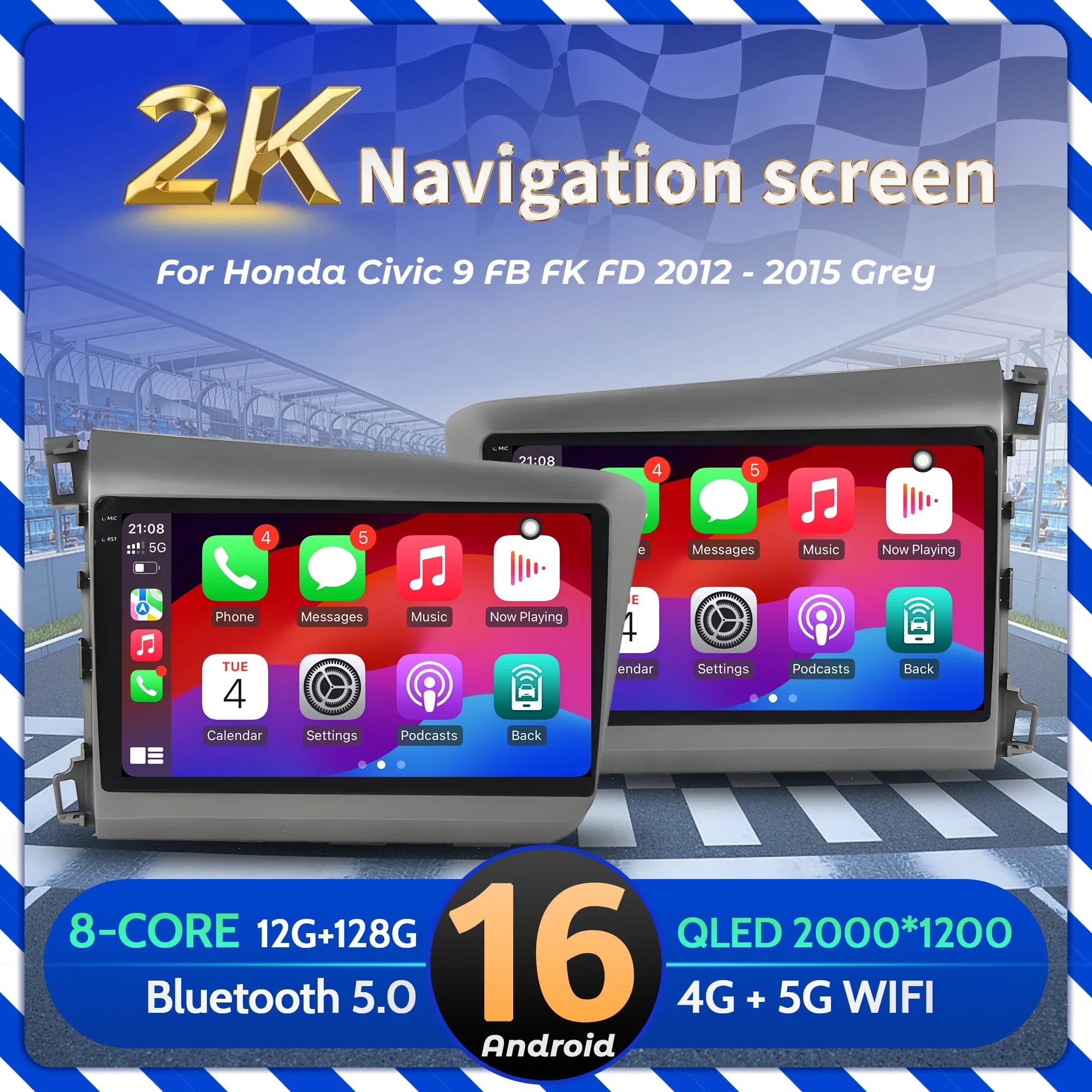 9" Car Radio For Honda Civic 9 FB FK FD 2012-2015 Grey Android 16 Wireless BT Carplay Mult