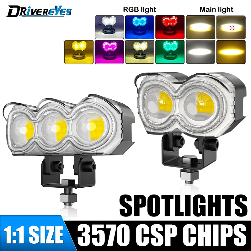 2/3 Lens Motorcycle LED Spotlight Headlight Flash Strobe Light 2 Lens Hi/Low Beam Driving