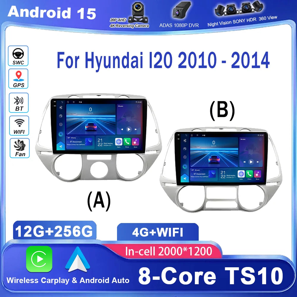 Android 15 Auto Radio For Hyundai I20 2010 -2014 Car GPS Navigation Carplay Wirerless Mult