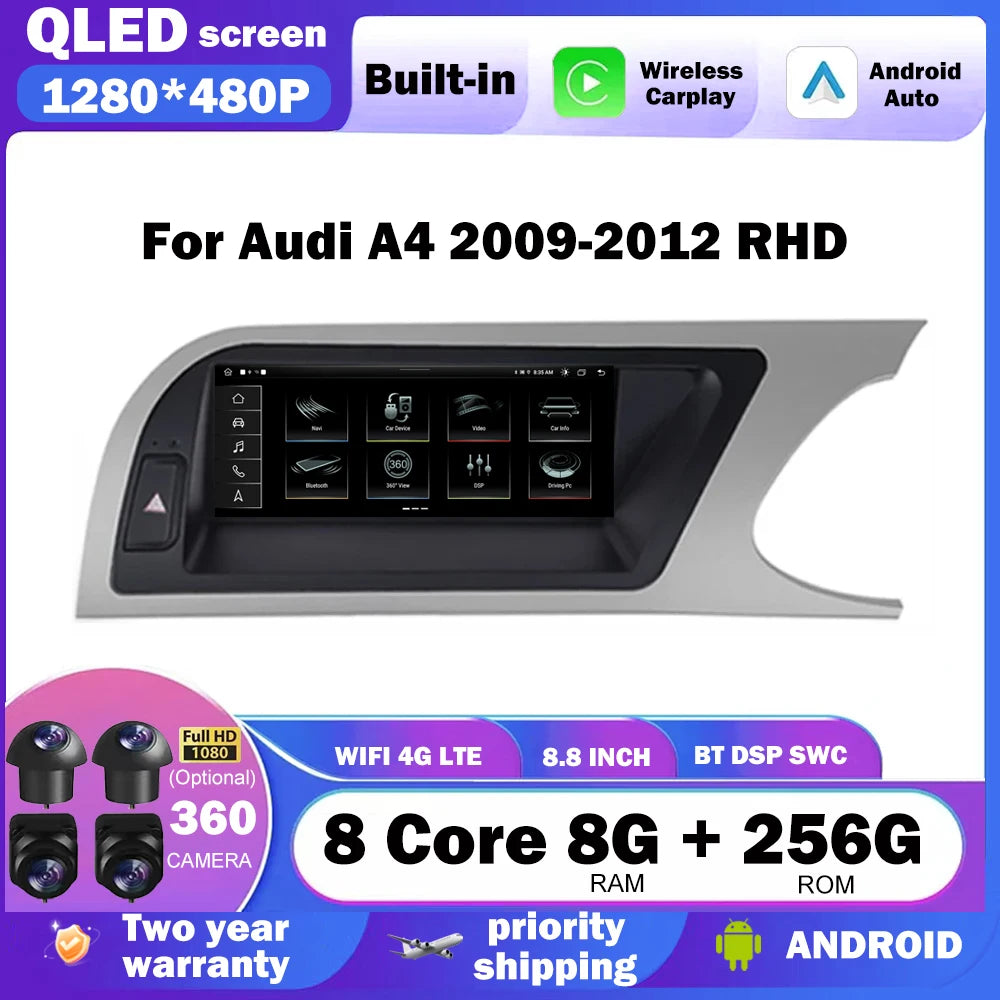 Android Auto Carplay Auto WIFI 4G Car Radio RHD 8 Core For Audi A4 2009 - 2012 DSP Car Mul
