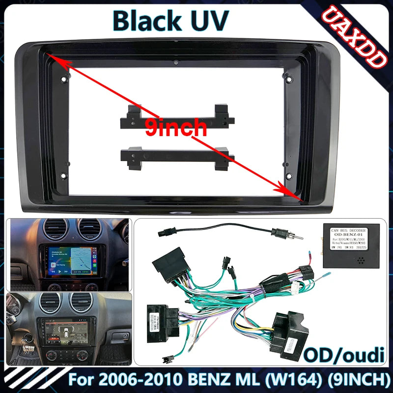 Car Radio Fascia Frame For 2006-2010 BENZ ML W164 9INCH UV BLACK Stereo Panel Wire Harness