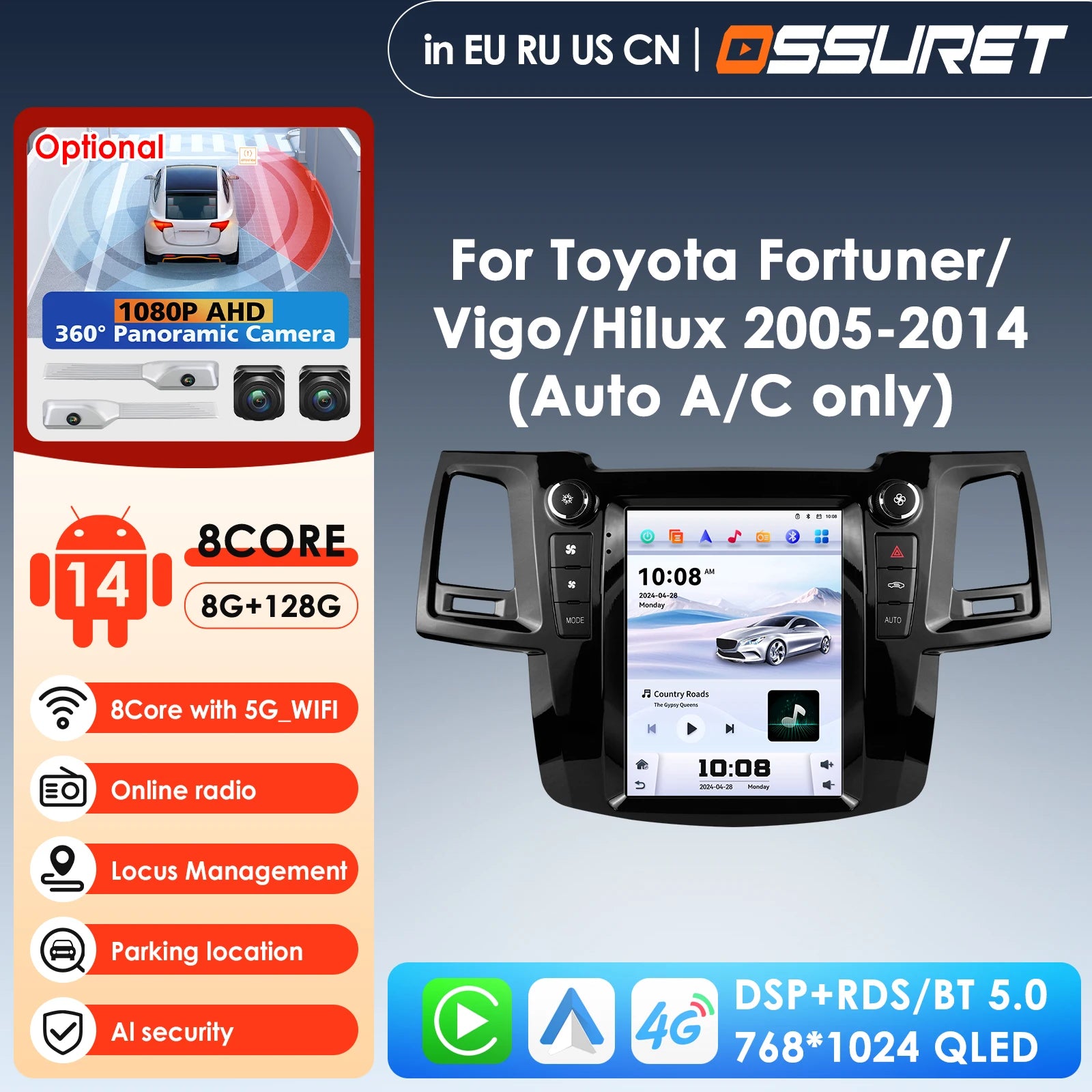 9.7" Car Radio GPS for Fortuner 2005-2014 Hilux Vigo - 4G Carplay Android Auto 360° Camera Autoradio