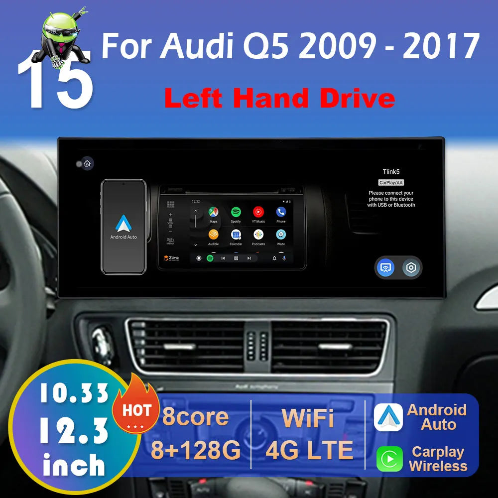 Left Hand Drive Android 15 for Audi Q5 2009 2010 2011 2012 2013 2014 - 2017 Carplay Car Mu | AUTOKITSHOP