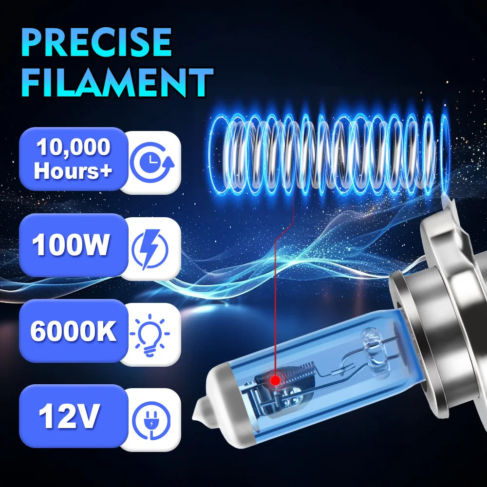 100W H4 Halogen Lights Bulbs 20000LM High Low Beam Motorcycle Headlights 12V 6000K Plug An
