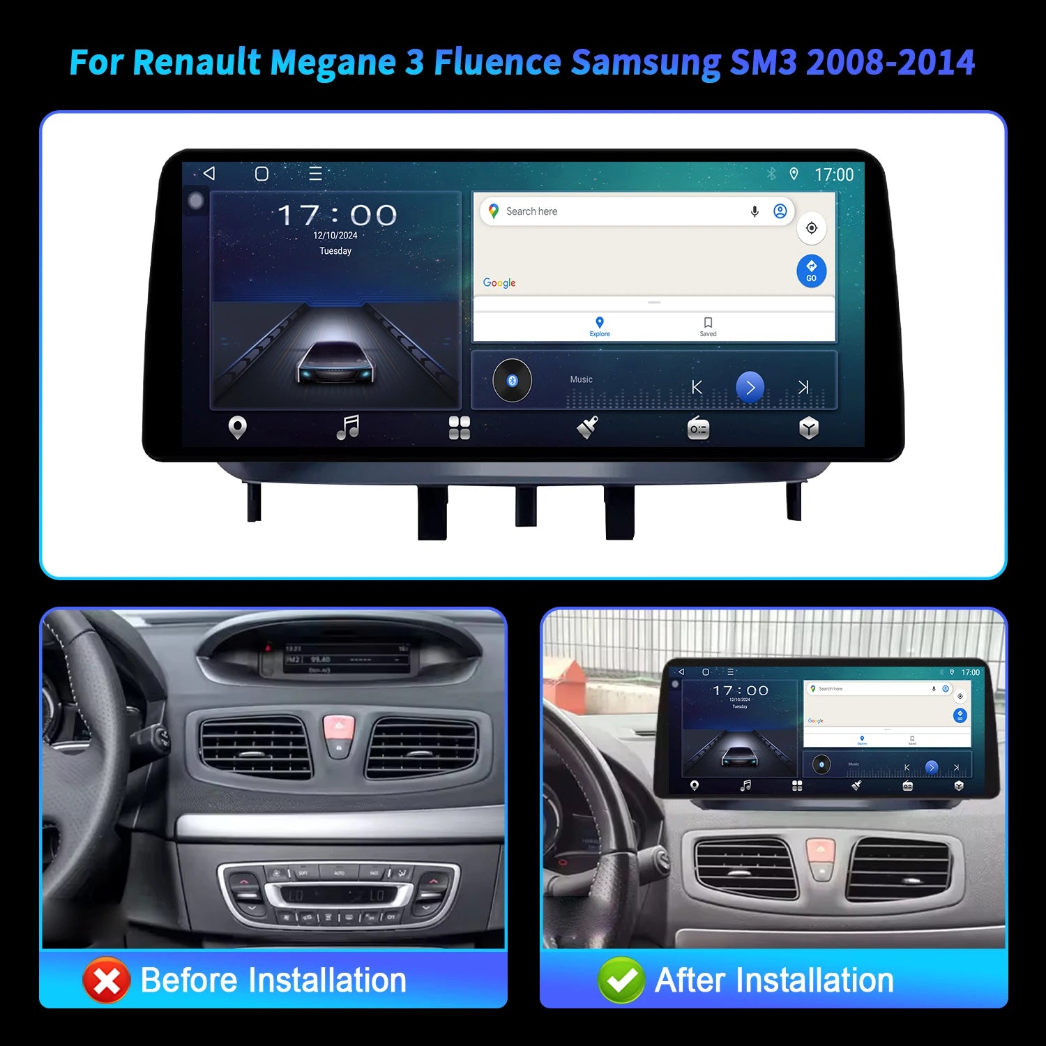 12.3 inch Android 14 For Renault Megane 3 Fluence Samsung SM3 2008 2009 2010-2014 BT Carpl