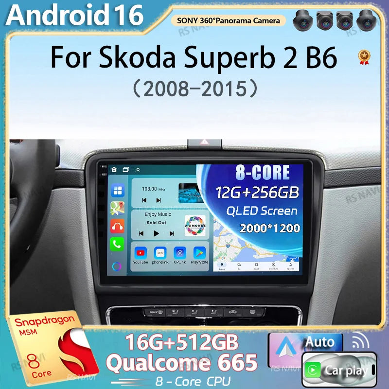 Qualcomm Android 16 For Skoda Superb 2 B6 2008 2009 2010 2011 - 2015 Car Radio Multimedia