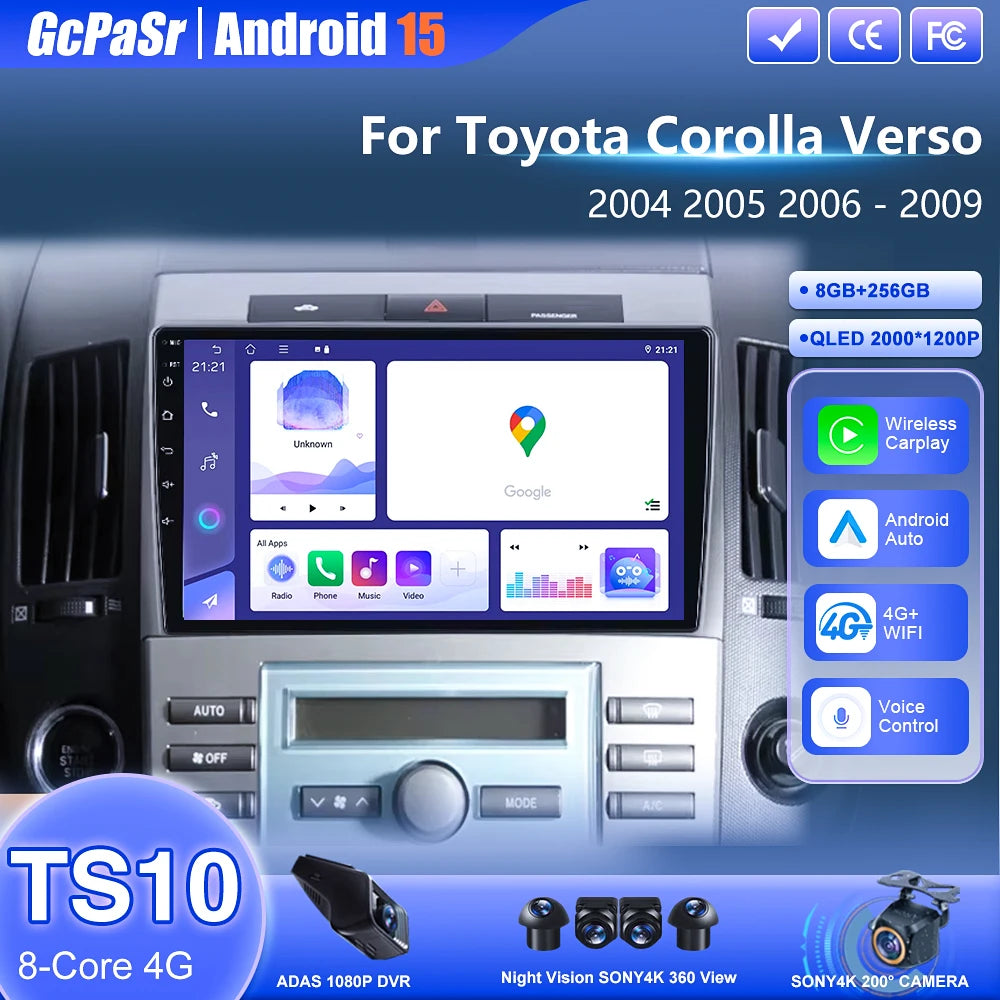 For Toyota Corolla Verso 2004-2009 CarPlay 4G Car Android Auto Radio Stereo Multimedia Pla