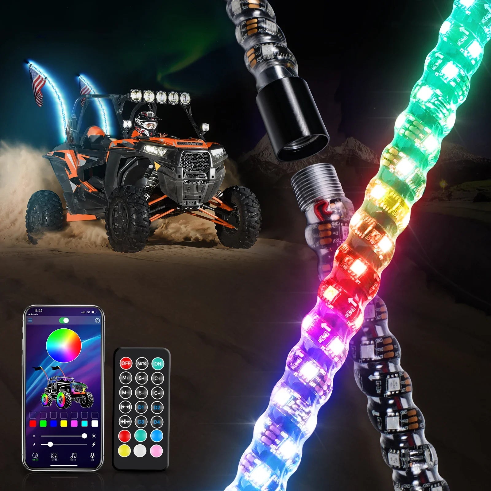BEVINSEE 3FT LED Spiral Whip Light APP&Remote Control RGB Whip Lights for Polaris RZR Can-